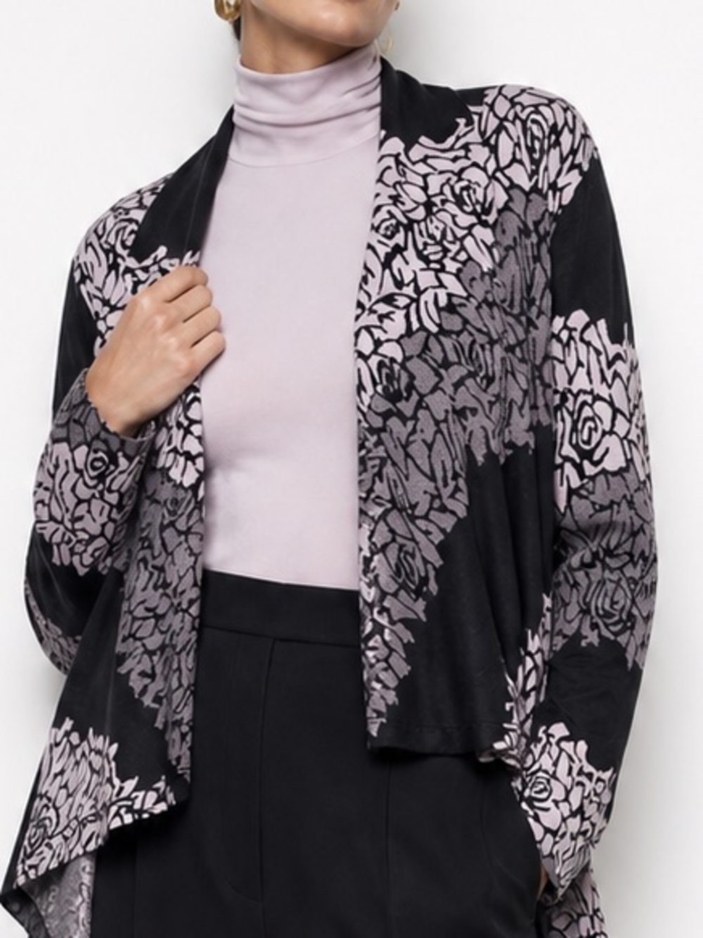 Frank Lyman Design Black & Pink Floral Open Front Drape Cardigan Size 10